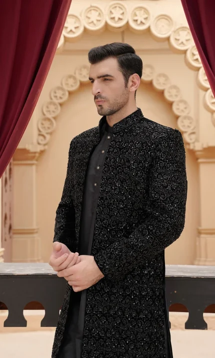 Black Velvet Sherwani with Handmade Embroidery (S 24 )