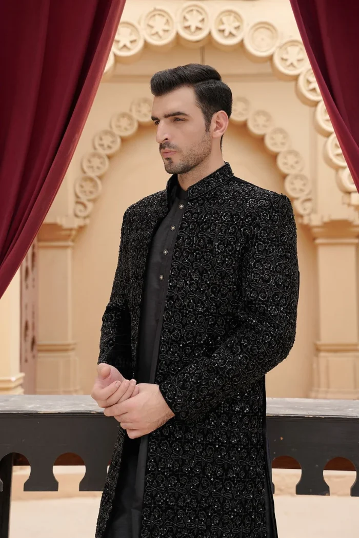 Black Velvet Sherwani with Handmade Embroidery (S 24 )