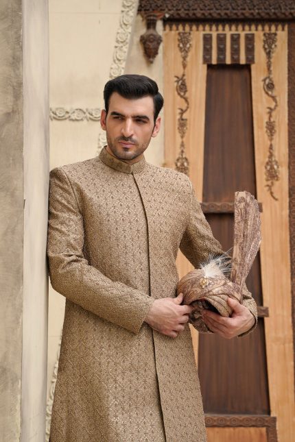 Beige groom sherwani with digital threadwork and hidden buttons