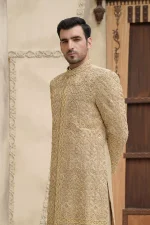 Golden Jamavar Sherwani | Heavy Embroidered Royal Groom Attire (S 19 ) - Image 3