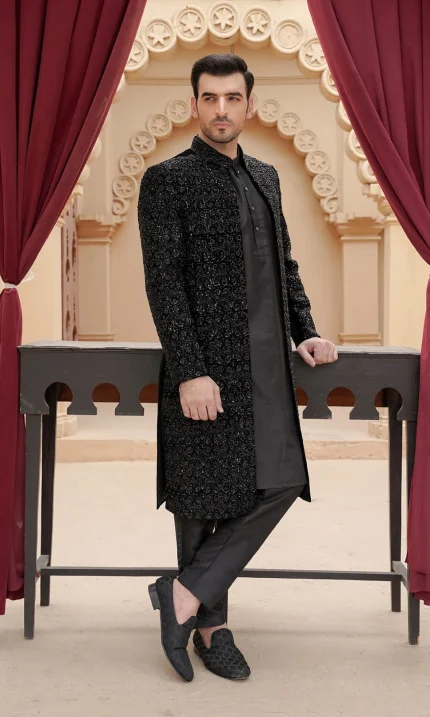 Black Velvet Sherwani with Handmade Embroidery (S 24 )