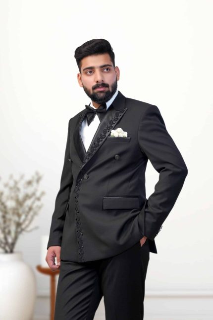 Black tropical designer suit for groom with handmade embroidery