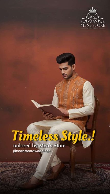 Rust raw silk waistcoat for men with handmade embroidery