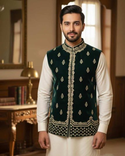Bottle green velvet waistcoat for groom with handmade embroidery