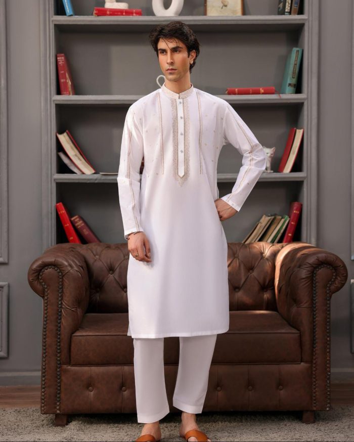 Men's White Embroidered Kurta - Premium Festive Cotton Wear