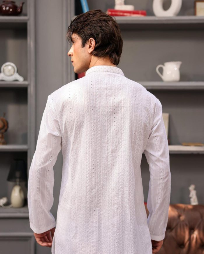 Men’s White Designer Kurta with Silver Yoke Embroidery - Image 2