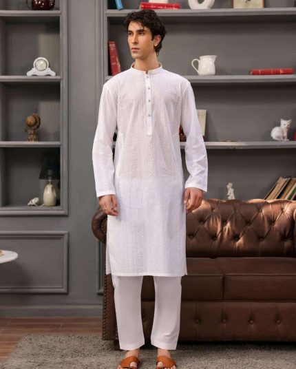 White designer kurta with silver yoke embroidery for men
