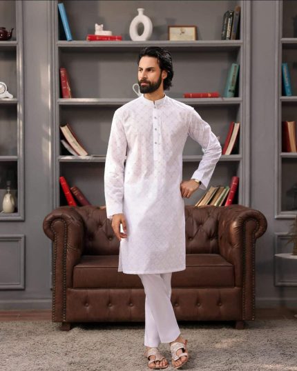 Designer white kurta for men with subtle embroidery