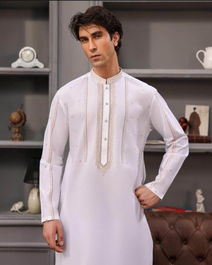 White embroidered kurta for men premium festive cotton