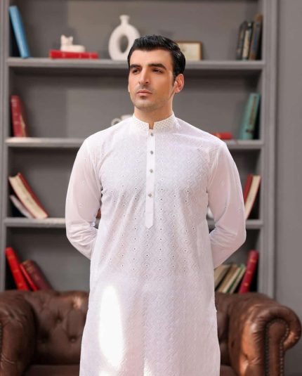 Premium white embroidered kurta for men with band collar