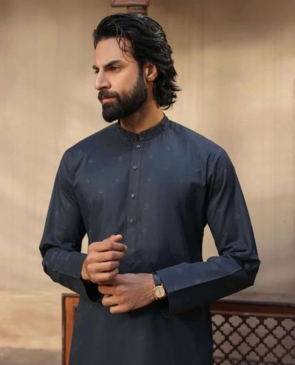 Dark embroidered kurta with band collar for men