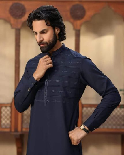 Dark blue embroidered kurta for men with band collar