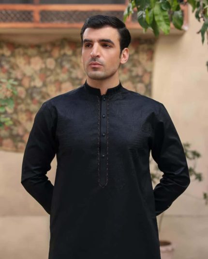 Traditional black kurta for men with subtle embroidery