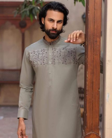 White designer kurta with silver yoke embroidery for men