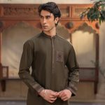Men’s Olive Green Designer Kurta – Embroidered Pocket & Cuffs
