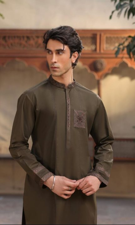 Men’s Olive Green Designer Kurta – Embroidered Pocket & Cuffs