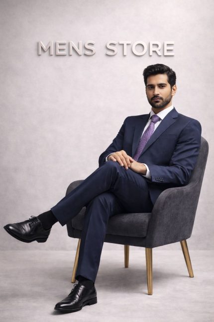 Navy blue 3-piece suit for groom in tropical fabric
