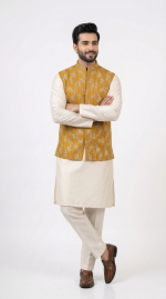 Mustard Embroidered Waistcoat for Men