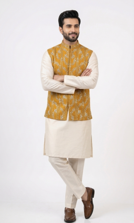 Mustard Embroidered Waistcoat for Men