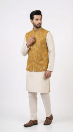 Mustard Embroidered Waistcoat for Men