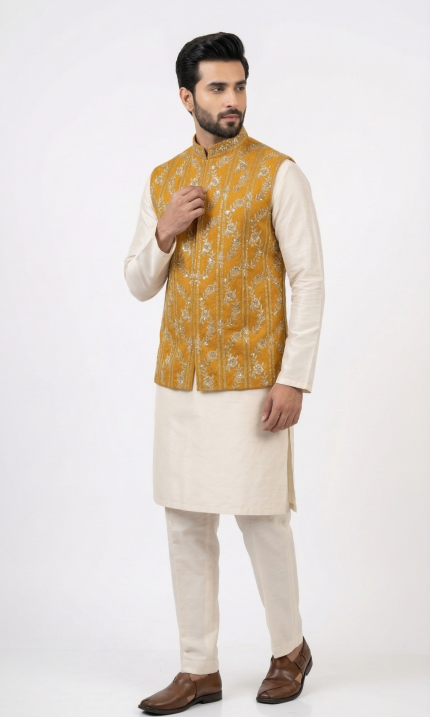 Mustard Embroidered Waistcoat for Men