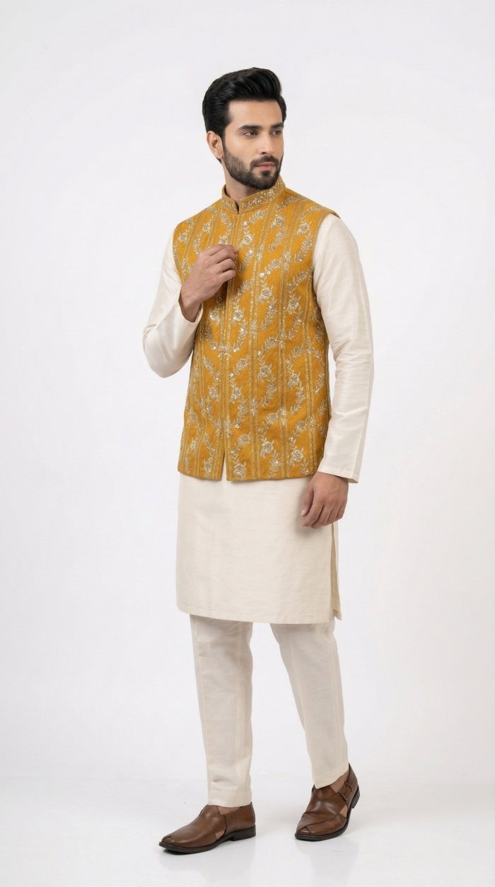 Mustard Embroidered Waistcoat for Men Mustard Embroidered Waistcoat for Men