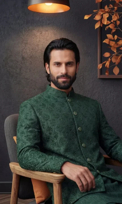 Bottle Green Prince Coat with Handmade Embroidery (P 11 )