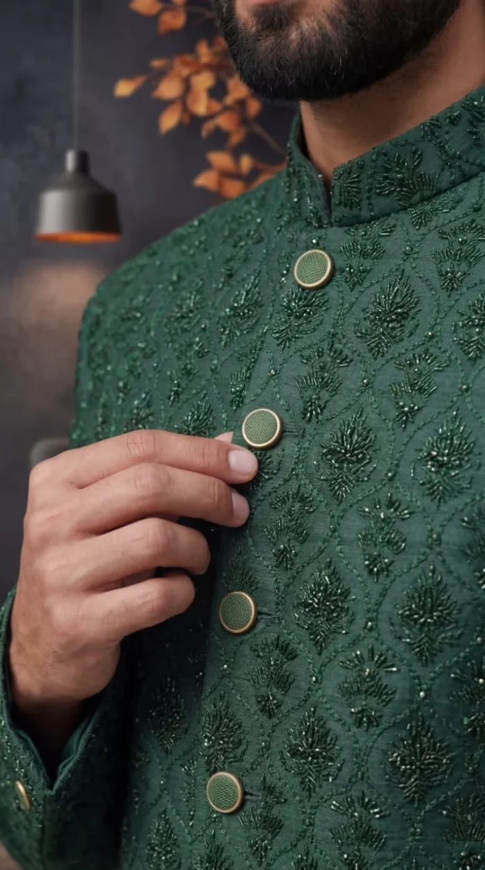 Bottle Green Prince Coat with Handmade Embroidery (P 11 )