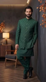 Bottle Green Prince Coat with Handmade Embroidery (P 11 )