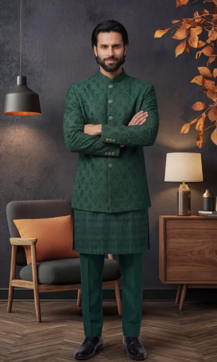 Bottle Green Prince Coat with Handmade Embroidery (P 11 )