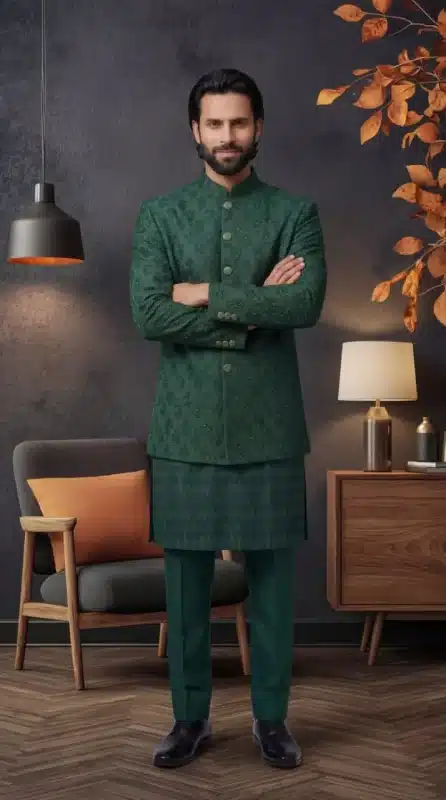 Bottle green prince coat with handmade embroidery for groom