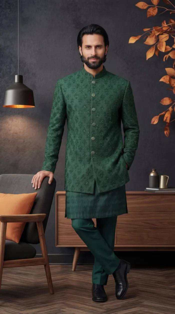 Bottle Green Prince Coat with Handmade Embroidery (P 11 )