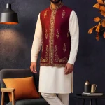 Maroon Jacquard Hand-Embroidered Waistcoat for Men | Mens Store