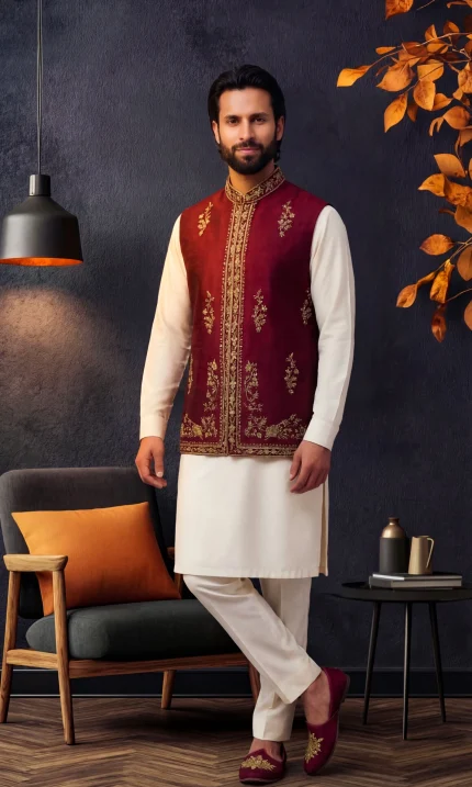Maroon Jacquard Hand-Embroidered Waistcoat for Men | Mens Store