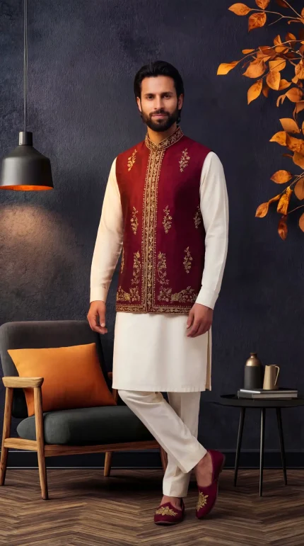 Maroon jacquard hand-embroidered waistcoat for groom with hidden buttons