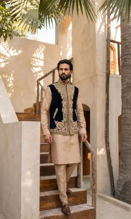 Blue Velvet Hand-Embroidered Waistcoat