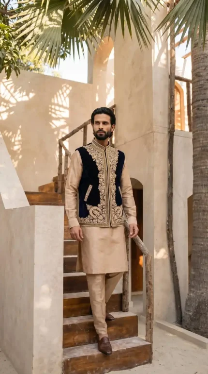 Blue velvet hand-embroidered waistcoat for men