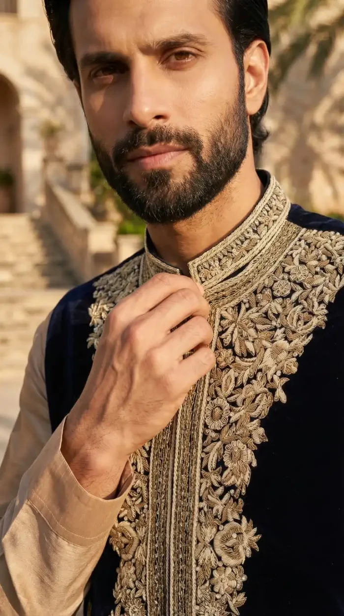 Blue Velvet Hand-Embroidered Waistcoat