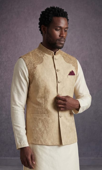 Men's Skin Jamawar Waistcoat - Handmade Embroidery | Mens Store