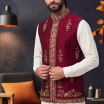 Maroon Jacquard Waistcoat with Handmade Embroidery