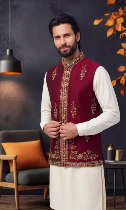 Maroon Jacquard Waistcoat with Handmade Embroidery