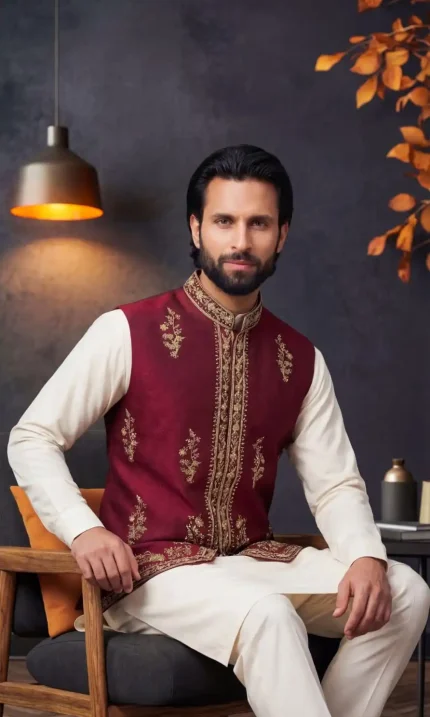 Maroon Jacquard Waistcoat with Handmade Embroidery