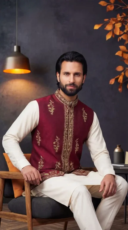 Maroon Jacquard Waistcoat with Handmade Embroidery