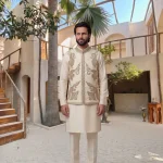 Elegant Cream Jamawar Waistcoat with Arri Embroidery & Hidden Buttons