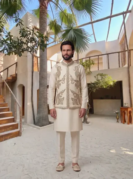 Ivory jamawar kurta with arri embroidery and hidden buttons