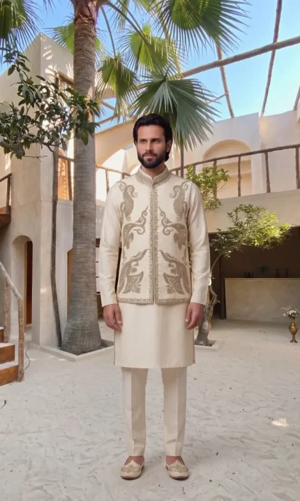 Elegant Cream Jamawar Waistcoat with Arri Embroidery & Hidden Buttons