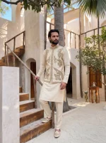 Elegant Cream Jamawar Waistcoat with Arri Embroidery & Hidden Buttons (W-15) - Image 4