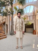Elegant Cream Jamawar Waistcoat with Arri Embroidery & Hidden Buttons (W-15) - Image 2