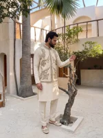 Elegant Cream Jamawar Waistcoat with Arri Embroidery & Hidden Buttons (W-15) - Image 3