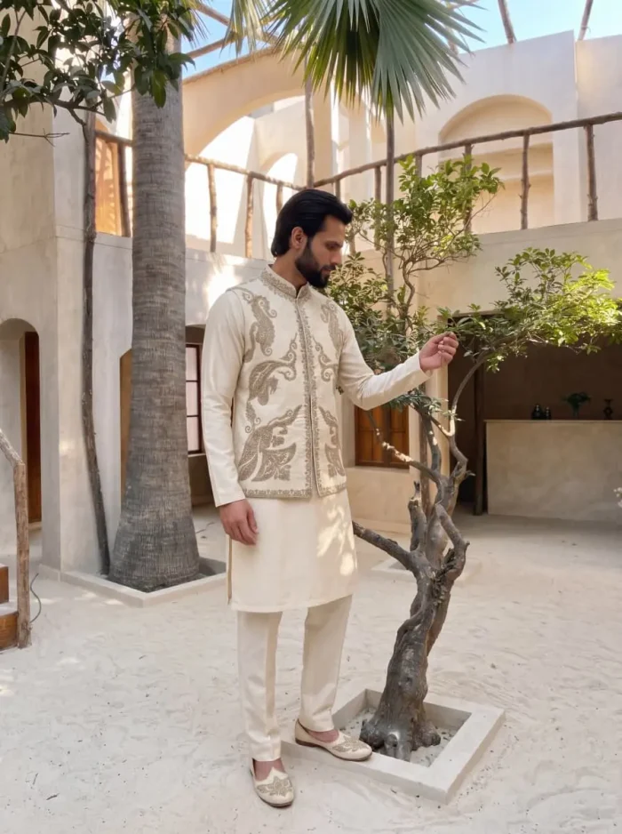 Elegant Cream Jamawar Waistcoat with Arri Embroidery & Hidden Buttons (W-15) - Image 3